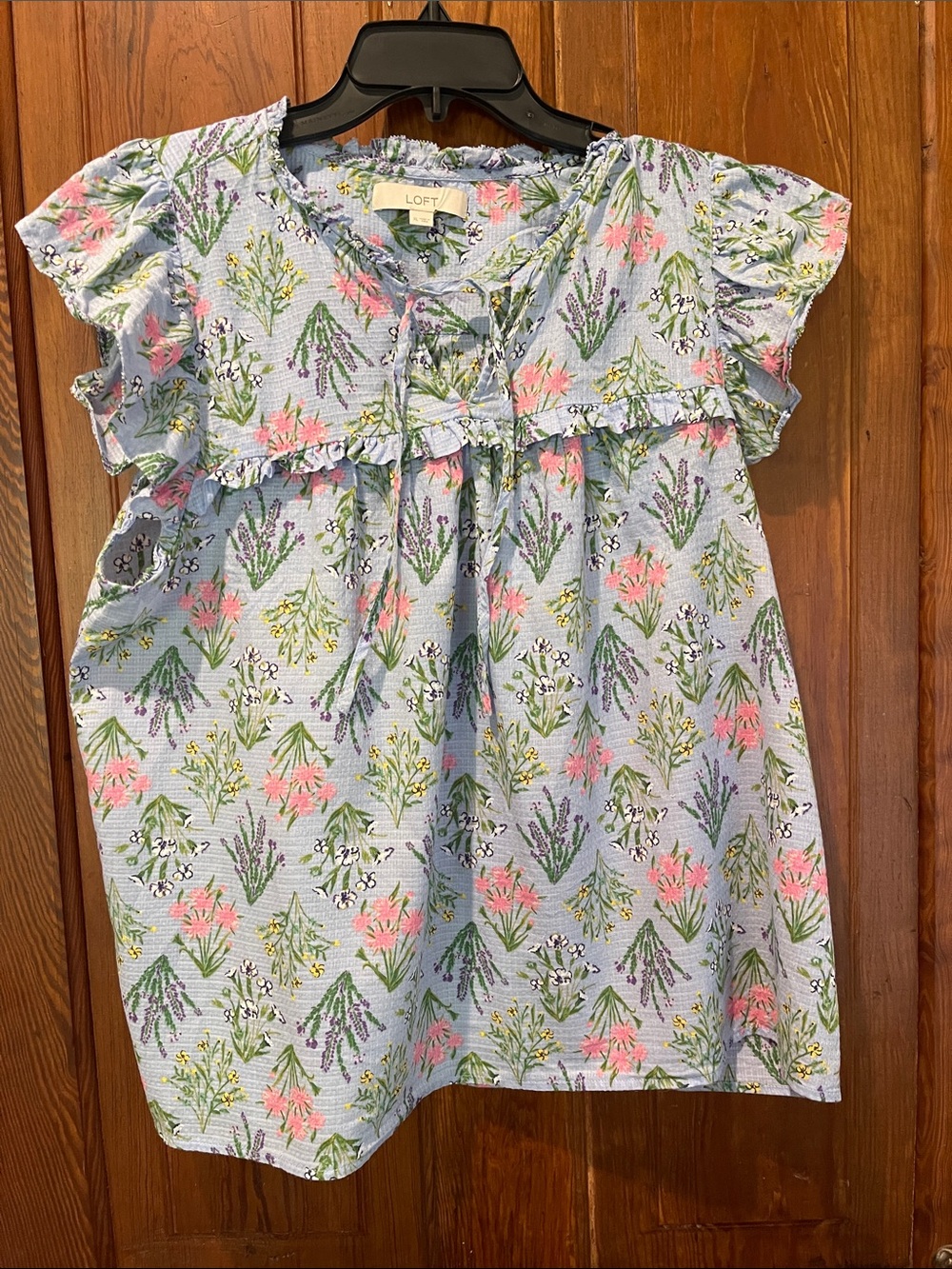 LOFT Girls Blue Floral Ruffle Blouse with Pink & Green Accents